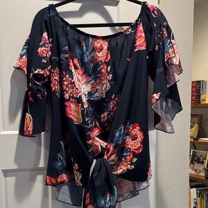 Floral Tie-Front Off-Shoulder Blouse - Black & Coral